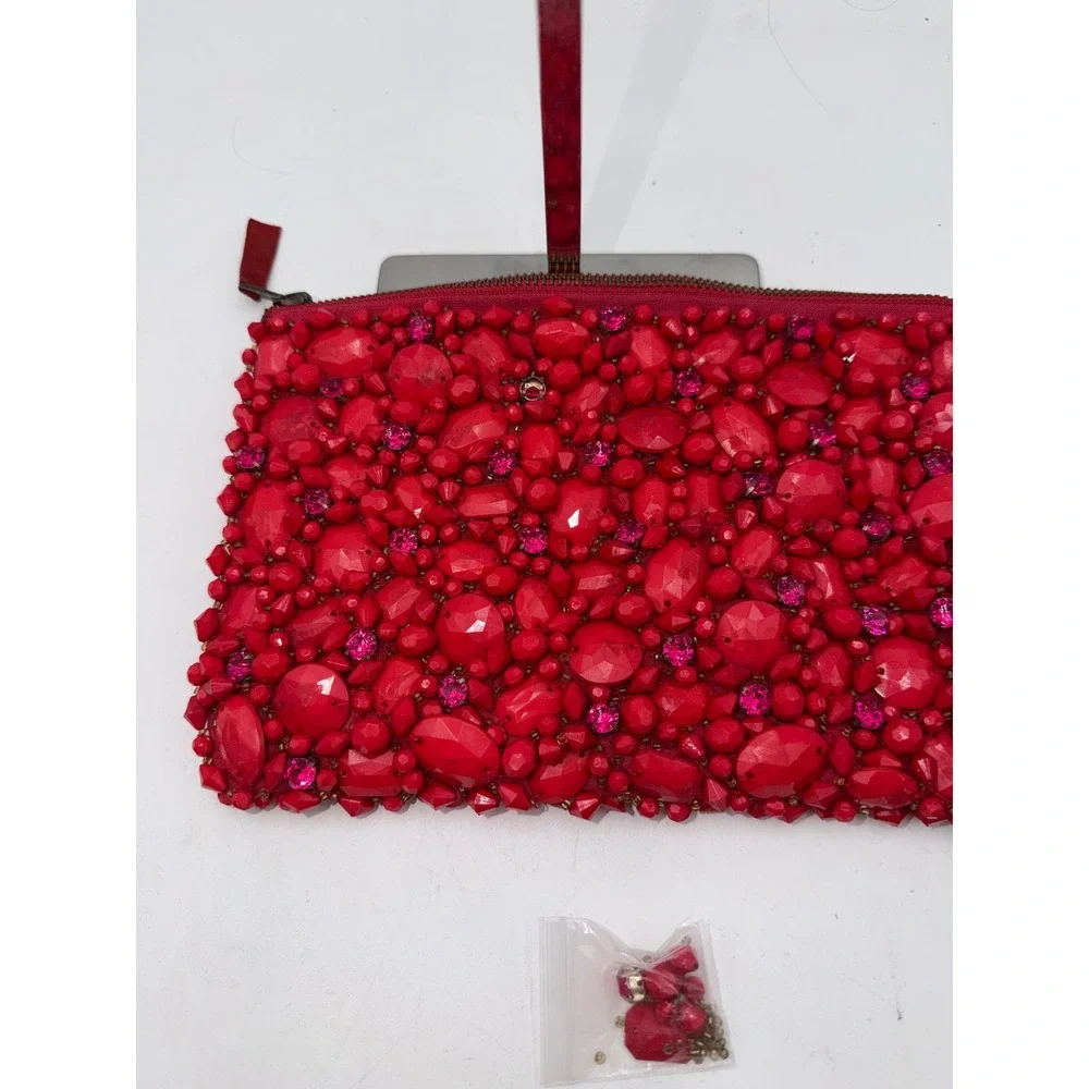 Red Beaded Rhinestone Embellished Zip Clutch Evening Bag with Spare Beads